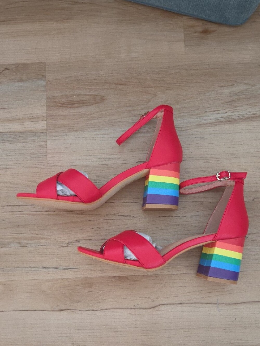 ModCloth Red Ankle-Strap Block Heel Sandals with Rainbow Heel - Picture 2 of 9